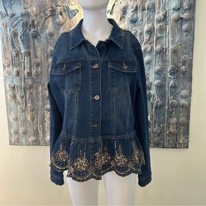 Marbella Lg Dark Blue Denim Jacket with Gold Embroidery and Sequin NWOT
